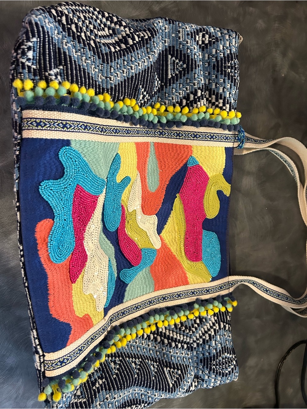 Large New w/o tags Viral beaded Boho Tote Bag with pom.